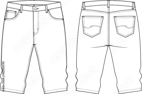 Classic Knee-Length Bermuda Shorts Technical Fashion Flat Sketch Template, Featuring Traditional Waistband with Belt Loops, Front Slant Pockets, and Back Patch Pockets, Front and Back View Outline