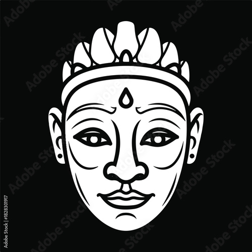 Intricate black and white vector illustration of a meditating deity's head adorned with an elaborate crown, representing wisdom, peace, and timeless Eastern spirituality in a serene graphic design