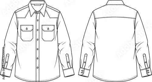 Classic Western Denim Style Shirt Technical Fashion Flat Sketch, Featuring Long Sleeves, Double Chest Pockets, and Pointed Yoke Details, Front and Back View.