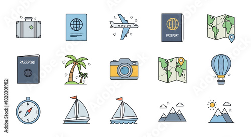 Colorful travel and tourism icon set with passport, airplane, and map symbols for vacation concepts