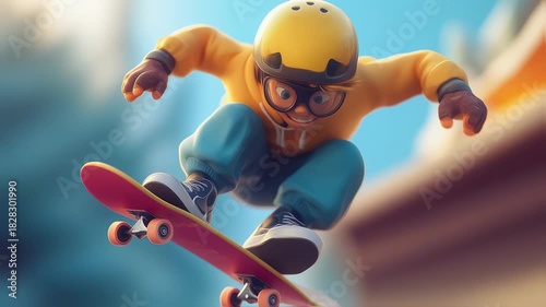 Cartoon character performing a skateboard trick with dynamic background and blue sky