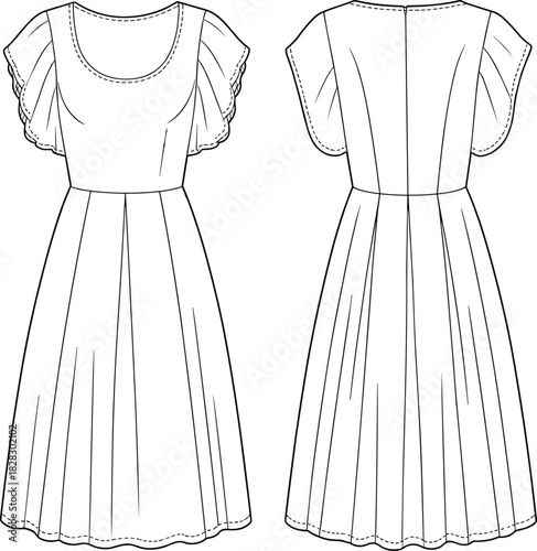Flutter Sleeve Dress Technical Fashion Drawing Vector Illustration Featuring Scoop Neckline, Fitted Bodice, and Pleated A-line Skirt, Front and Back View Apparel Template Design.