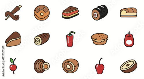 Collection of Food and Gourmet Meal Icons for Restaurant and Culinary Design