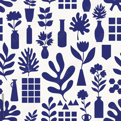 Abstract indigo botanical seamless pattern with stylized leaves, flowers, and vases, plus geometric shapes on a light background