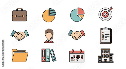 Business icons set for finance, marketing, strategy, and administration tasks, including charts, handshake, and building illustrations
