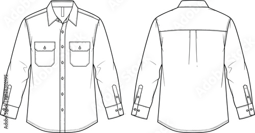 Men's Long Sleeve Utility Casual Shirt Technical Fashion Flat Sketch Template, Featuring Double Flap Chest Pockets, Button-Down Collar, and Buttoned Cuffs Detail, Front and Back View Outline Drawing.
