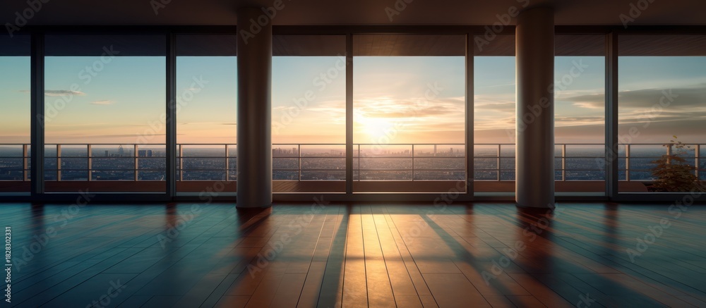 Fototapeta premium Panoramic view of a modern empty room with large windows overlooking a city skyline at sunset.