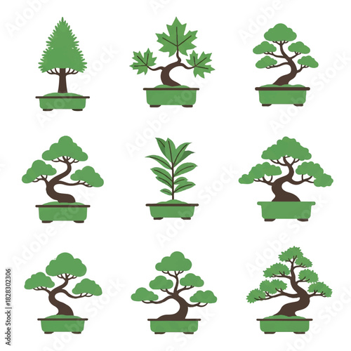 Diverse collection of stylized miniature Japanese bonsai trees in various green pots, showcasing traditional oriental garden art and natural beauty in a vibrant vector illustration set