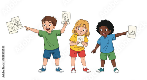 Three diverse children standing and holding up papers in a colorful illustration with a plain white background.
