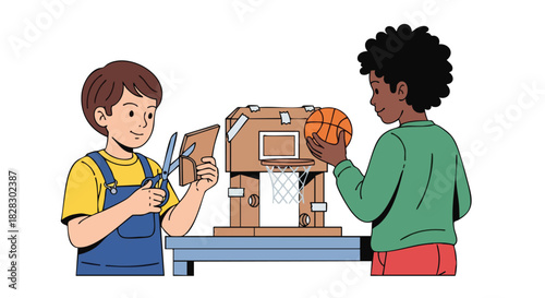 Two children standing at a table, one holding scissors and cardboard, the other holding a basketball, against a clean white background with a playful and creative mood.