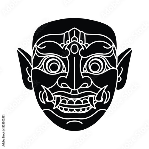 Monochrome silhouette of a sacred demon guardian mask from Asian folklore, an intricate vector art icon for cultural and spiritual design projects