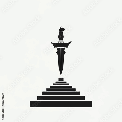 Mystical ancient Kris dagger blade positioned prominently atop a strong symbolic pyramid of ascending steps, representing cultural power and spiritual elevation