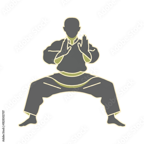 Stylized vector illustration of a martial artist in a traditional Kung Fu horse stance, a minimalist icon for combat and self-defense training