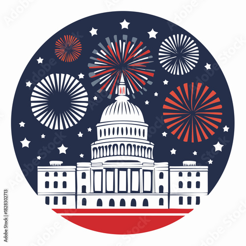 Washington DC Capitol building vector illustration with USA flag for 4th of July holiday design