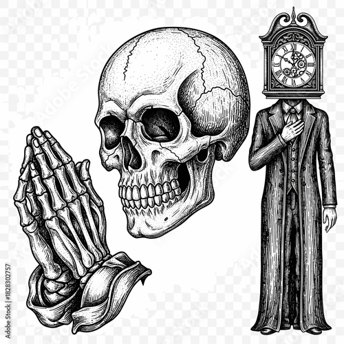 Skull, praying hands and grandfather clock surreal design