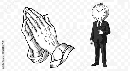 Surreal praying hands with suited clock-head man