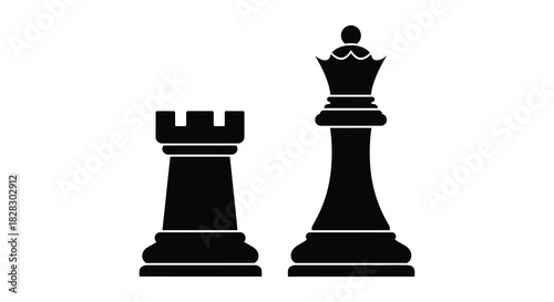Black chess queen and rook game pieces on white background