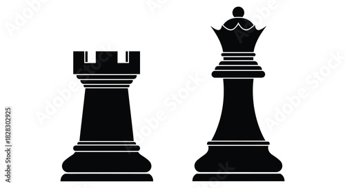 Black chess rook and queen pieces icon silhouette vector graphic