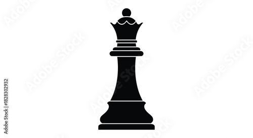 Black chess queen piece on white background, game strategy icon