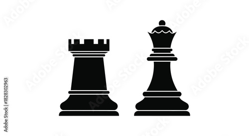 Black chess queen and rook pieces for strategic game design