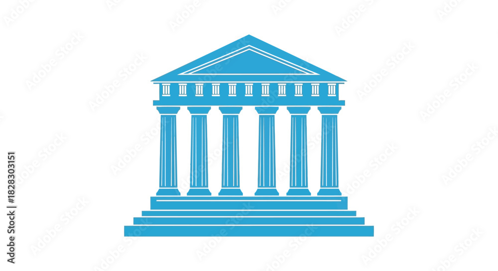 Obraz premium Blue classical building icon with columns and pediment on white