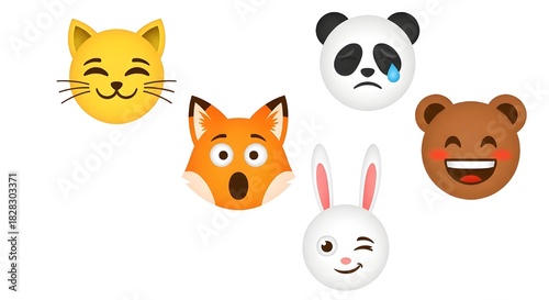 A collection of five cute animal emoji faces expressing various emotions like happiness, sadness, and surprise.