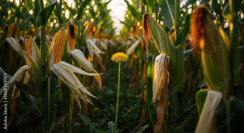 Fototapeta premium Golden hour in cornfield with a singular dandelion displaying its vibrant color contrast