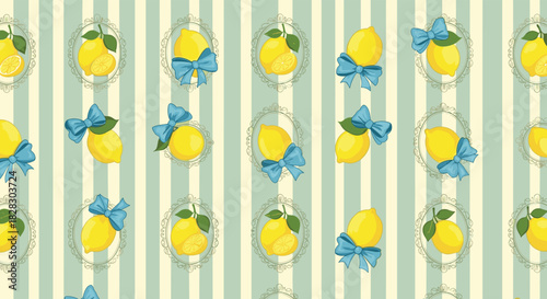 A vintage seamless pattern of fresh lemons with blue bows in ornate frames, set against a green and cream striped background.