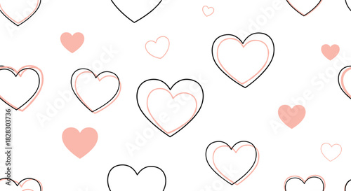 A simple and romantic seamless pattern of hand-drawn outline hearts and solid pink hearts of various sizes on a white background.
