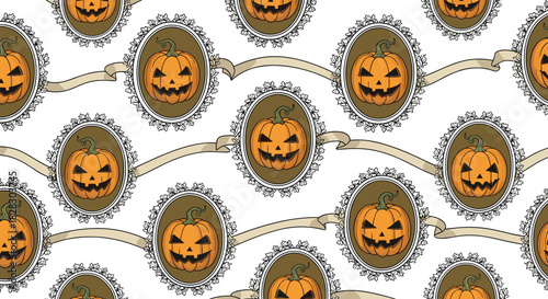 A spooky seamless Halloween pattern with menacing jack-o'-lanterns in ornate vintage frames connected by ribbons on a white background.