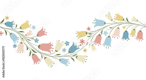 A seamless horizontal border of delicate bellflowers in pastel shades of blue, yellow, and pink on gracefully curving green stems.