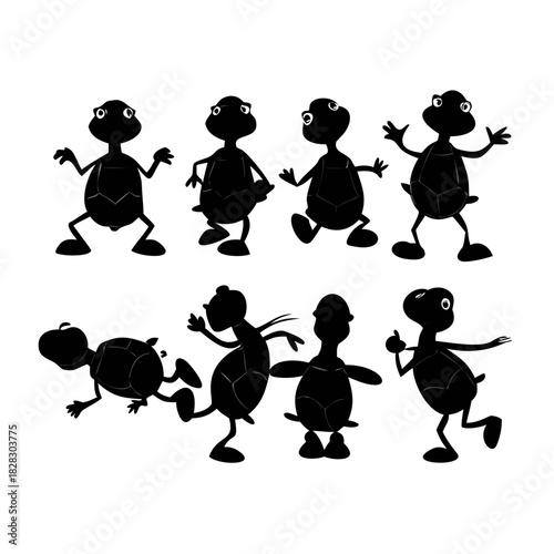Eight Silhouettes of Whimsical Turtles in Different Poses and Actions tortoise cartoon