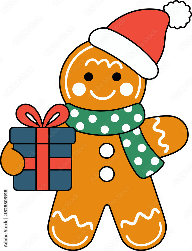 Fototapeta premium Charming gingerbread man with Santa hat carrying a festive gift box for Christmas joy