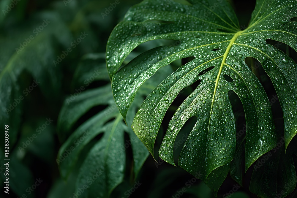 Fototapeta premium Dark and moody close-up of large monstera leaves with wet glossy texture and low key lighting that enhances the deep green tones and vibes.
