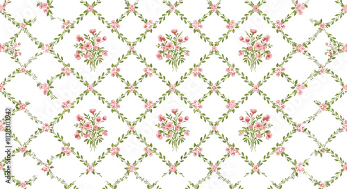 An elegant seamless pattern with a delicate lattice of green leaves and pink roses, featuring small floral bouquets on a white background.
