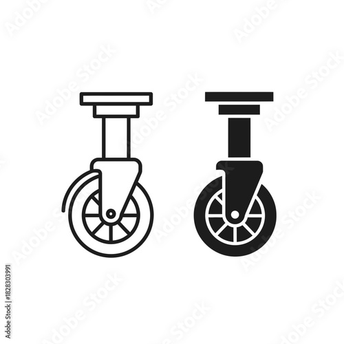 “Caster Wheel Icon Set – Swivel Wheel Line Art and Solid Style Vector Illustration”