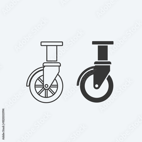 “Caster Wheel Icon Set – Swivel Wheel Line Art and Solid Style Vector Illustration”