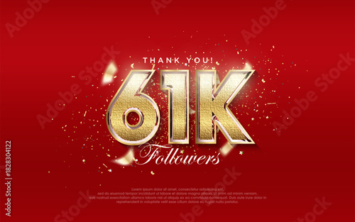 61k Followers Celebration. Number with shiny luxury gold color.
