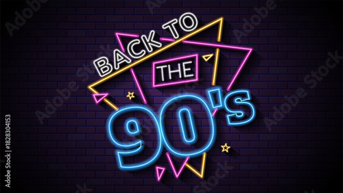 Neon sign reading back to the 90s. Back to the 90s neon lights set a vibrant nostalgic mood for events. Ideal for themed parties, advertisements, or retro designs.