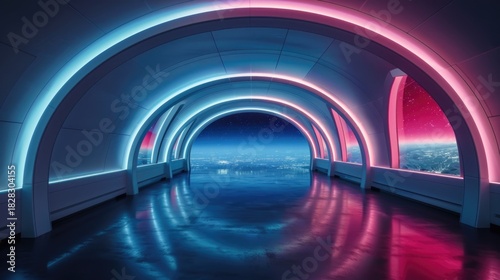 Fototapeta Naklejka Na Ścianę i Meble -  White background 3D room light abstract space technology tunnel stage floor. Empty white future 3D neon background studio futuristic corridor render modern interior silver road black wall design gray
