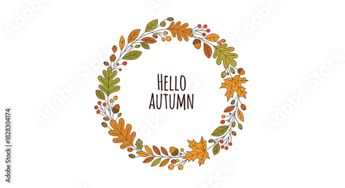 A charming, hand-drawn autumn wreath composed of colorful oak and maple leaves, acorns, and berries, with 'Hello Autumn' in the center.