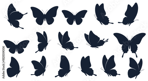 A versatile set of black butterfly silhouettes in various flight and resting positions, isolated on a white background for design elements.