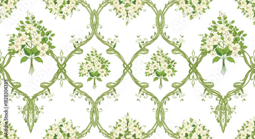 An elegant seamless pattern with a classic trellis of green vines and bouquets of white flowers on a clean white background.
