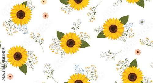 A bright and sunny seamless pattern featuring bouquets of yellow sunflowers and delicate baby's breath on a clean white background.