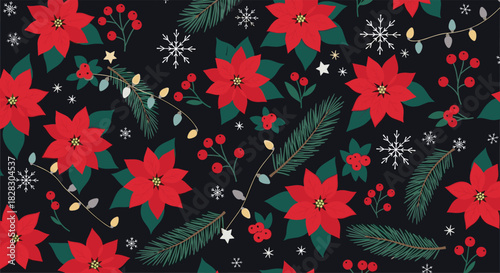 A festive seamless Christmas pattern with red poinsettia flowers, holly berries, pine branches, and glowing lights on a dark background.