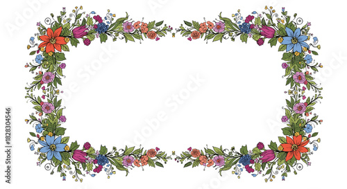 A rectangular frame made of colorful, hand-drawn wildflowers and leaves, creating a beautiful and intricate border with blank central space.