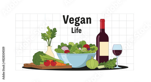 A healthy 'Vegan Life' concept illustration with a fresh salad, vegetables, and a bottle of red wine on a kitchen counter.