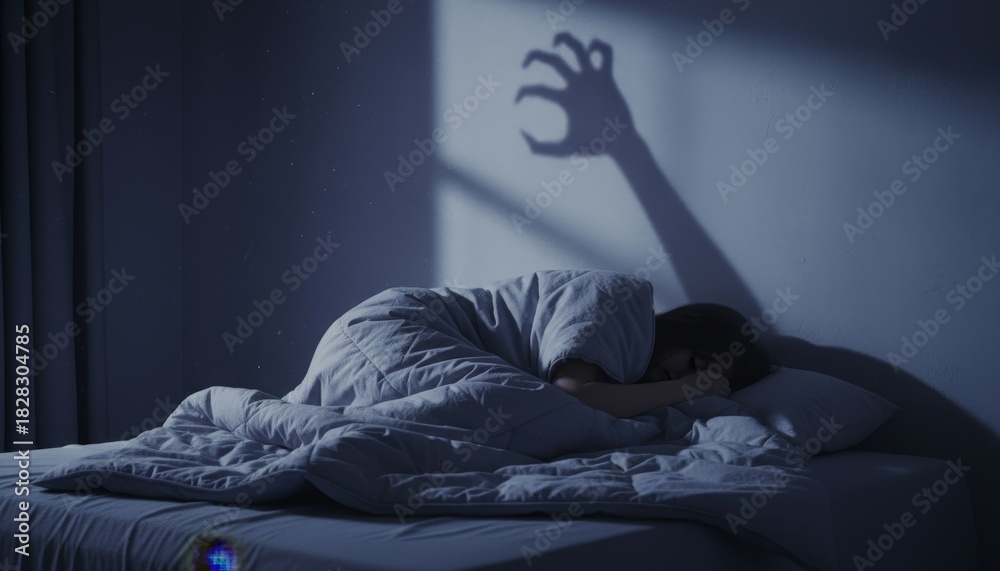 Fototapeta premium A person curled up in bed, covered by a blanket, while a shadow resembling a claw looms ominously on the wall, creating an eerie atmosphere.