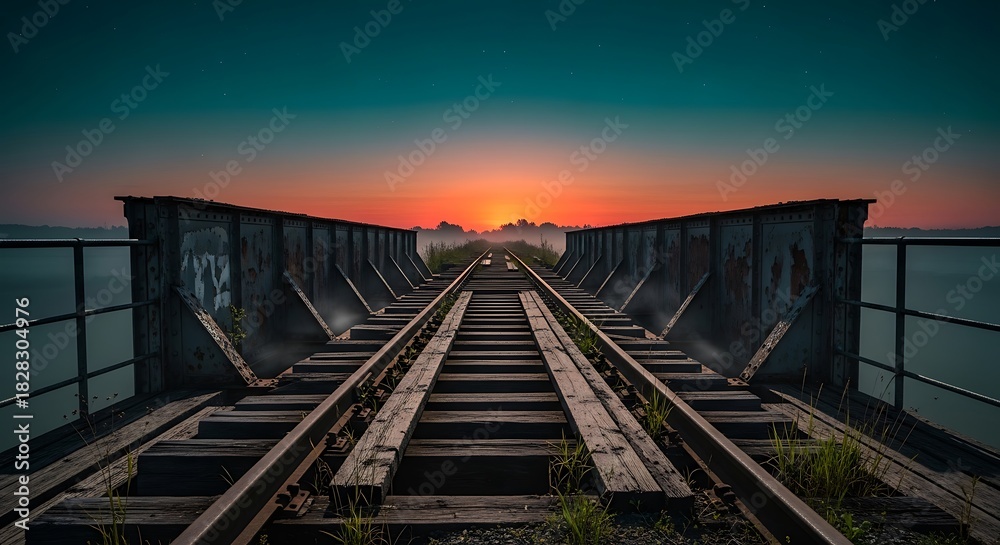 Fototapeta premium Old railway bridge at sunset with vibrant sky.