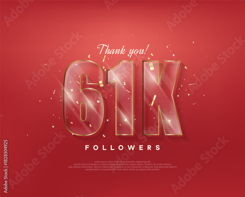 61k followers celebration. with glass figures on a red background.